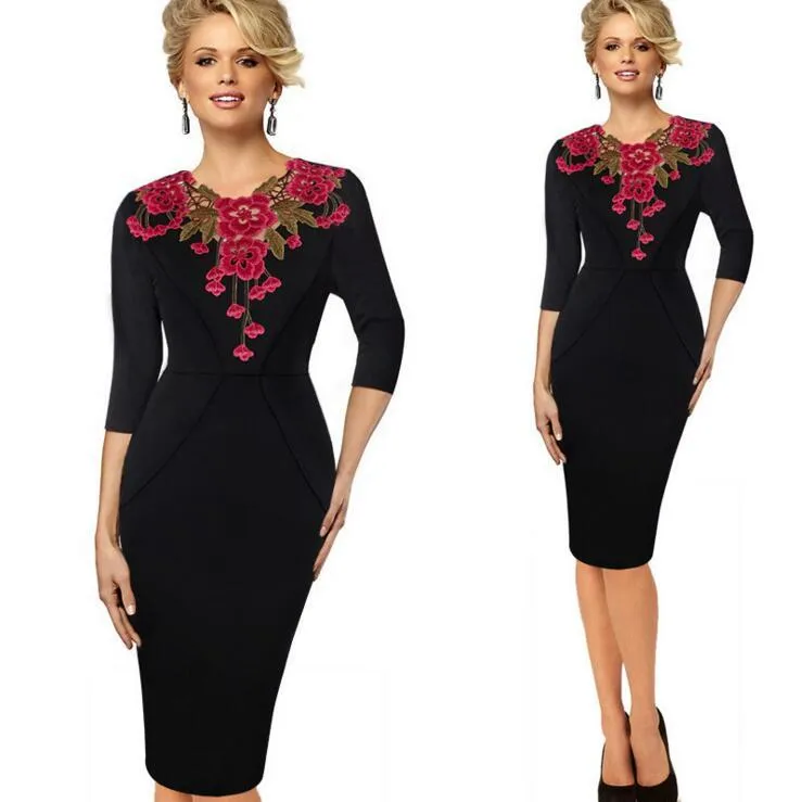 Casual Dresses Womens Crochet Bodycon Female Stylish Elegant Applique Embroidery 3/4 Sleeve Sheath V-neck Work Office Party DressCasual