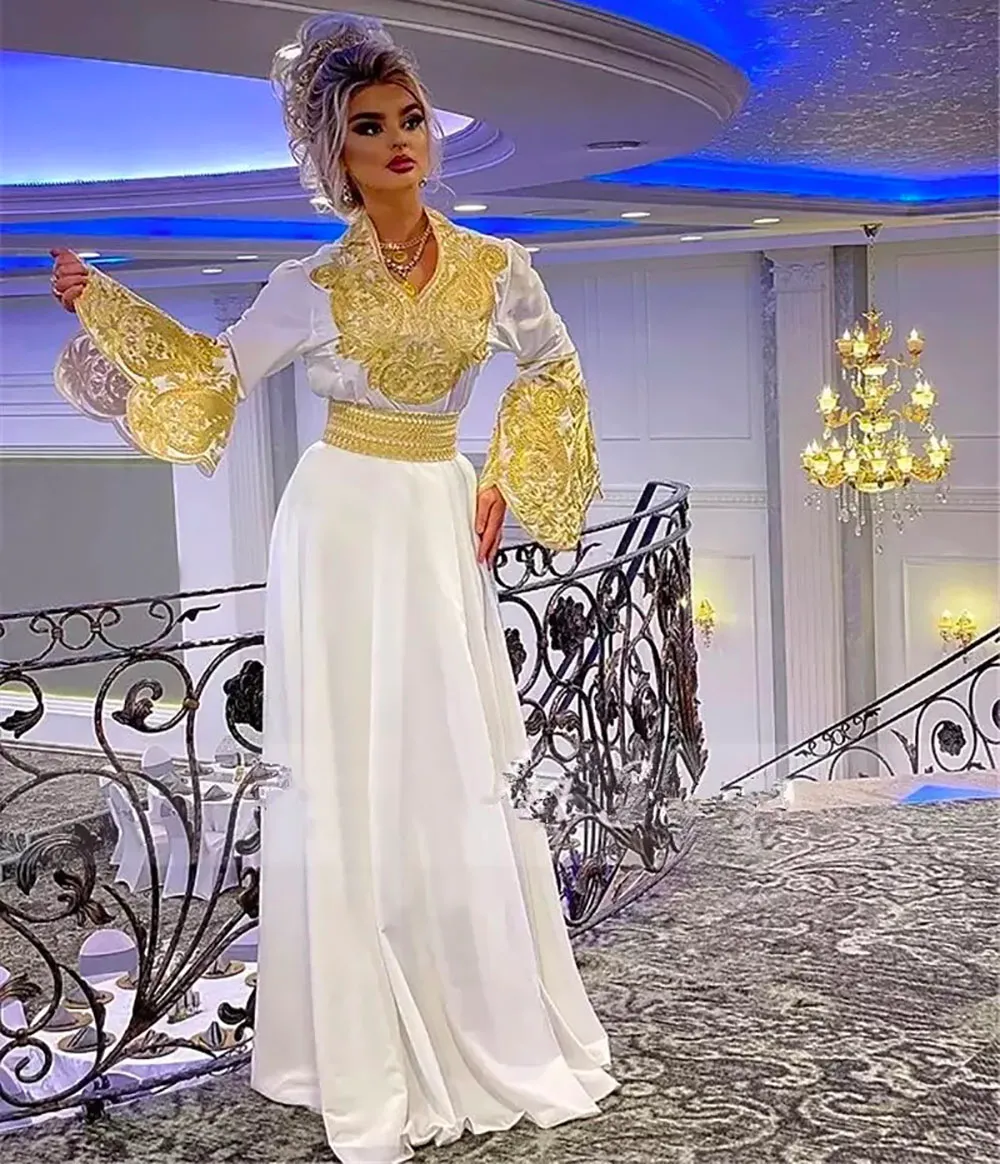 White Evening Dress Plus Size Prom Party Gown Formal Floor-Length New  Custom Gold Applique A-Line V-Neck Satin Long Sleeve No Train from Dhgate  Prom Dresses - price 83.42