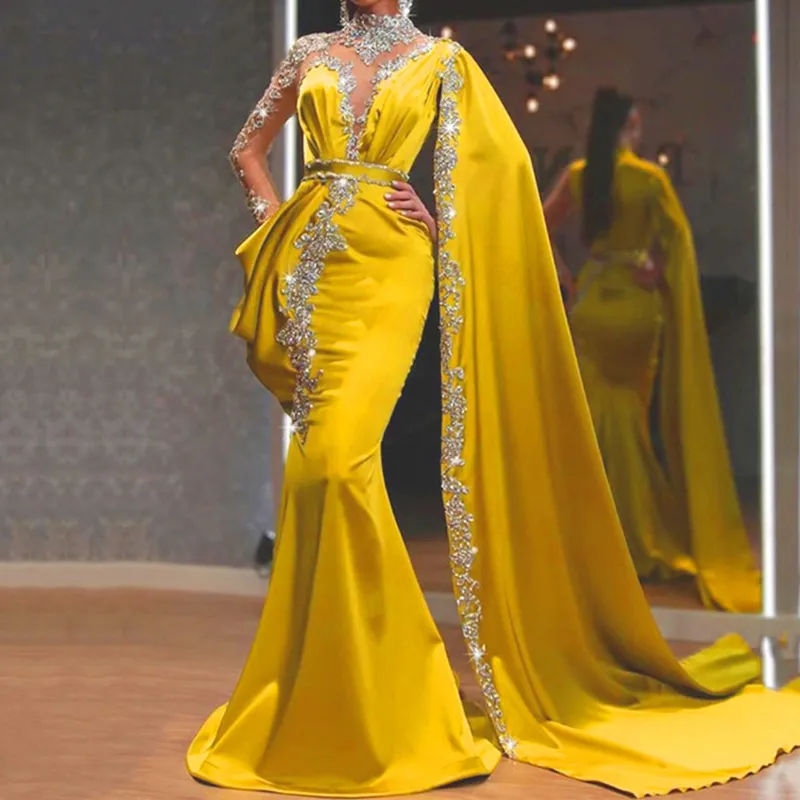 2023 Повседневные платья Золотые вечеринка с высокой шеей с бисером с бисером русалка Платье Prom Prom Prom Prome Pase Long Roolves Satin Arabic Dubai Yellow Size S M L XL 2XL