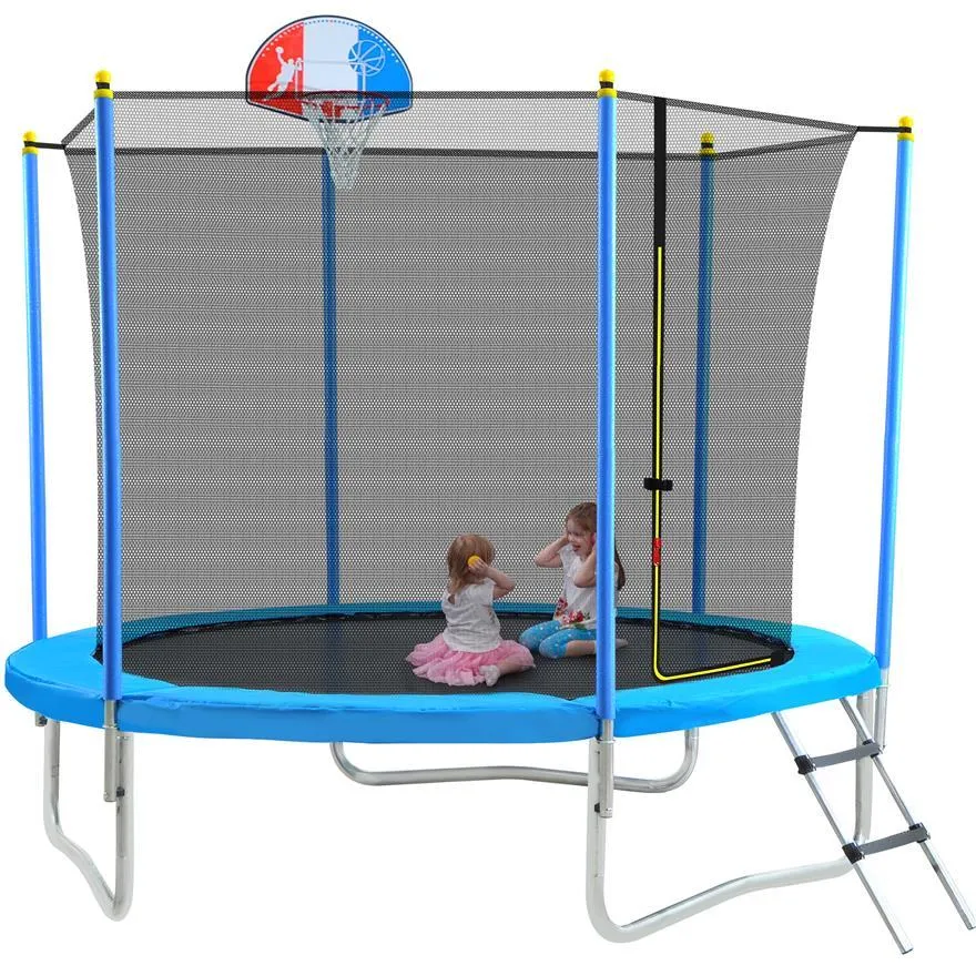 8ft trampolin för barn med säkerhetsskåp Netbaskethopp och stege Easy Assembly Round Outdoor Recreational Trampoline US A58