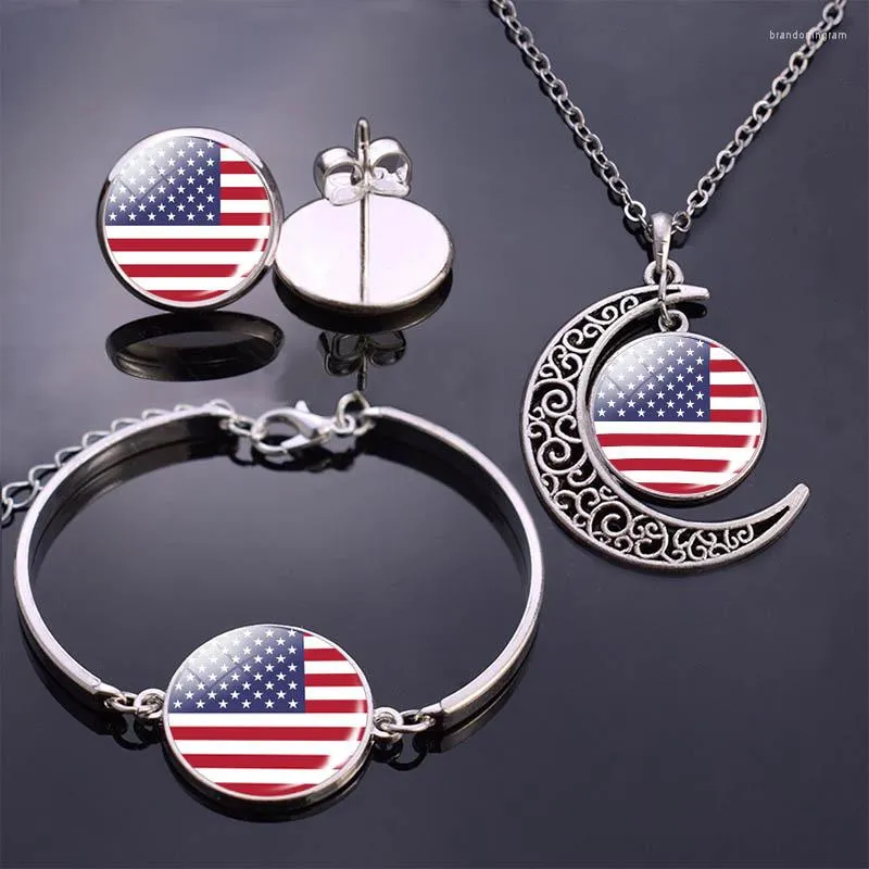 Necklace Earrings Set Bracelet Jewelry The United States Flag Glass Cabochon Stud USA For Women