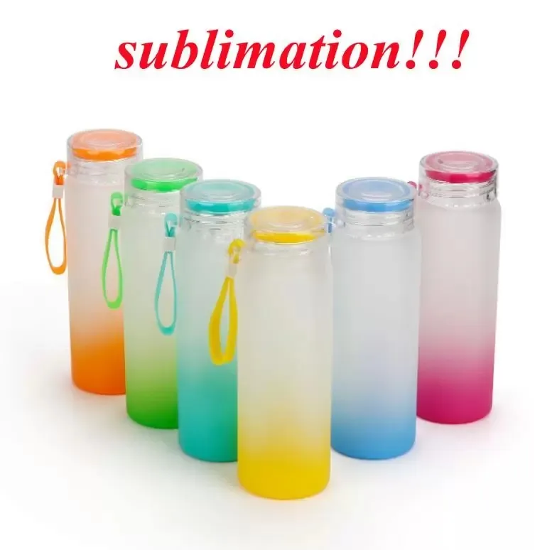 VS Verzend 500 ml Sublimatie Glazen waterfles 17oz Gradiëntkleuren Frasteerde glazen flessen met lanyards Mixed Colors Pack 50 stcs/kas