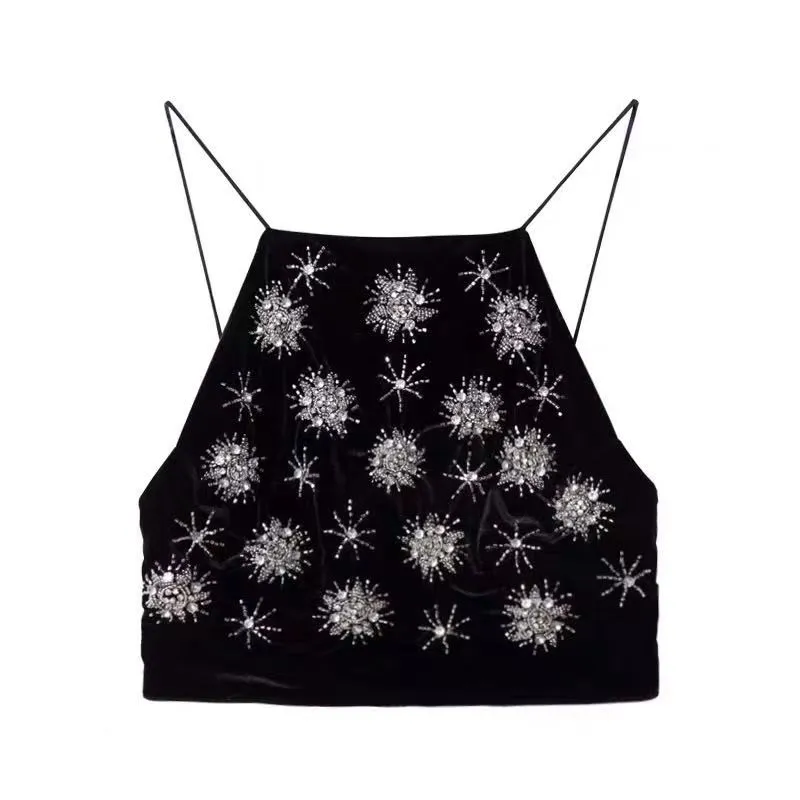 Women spaghetti strap patchwork black color backless rhinestone flowers short high waist bustier desinger tanks camis SMLXL