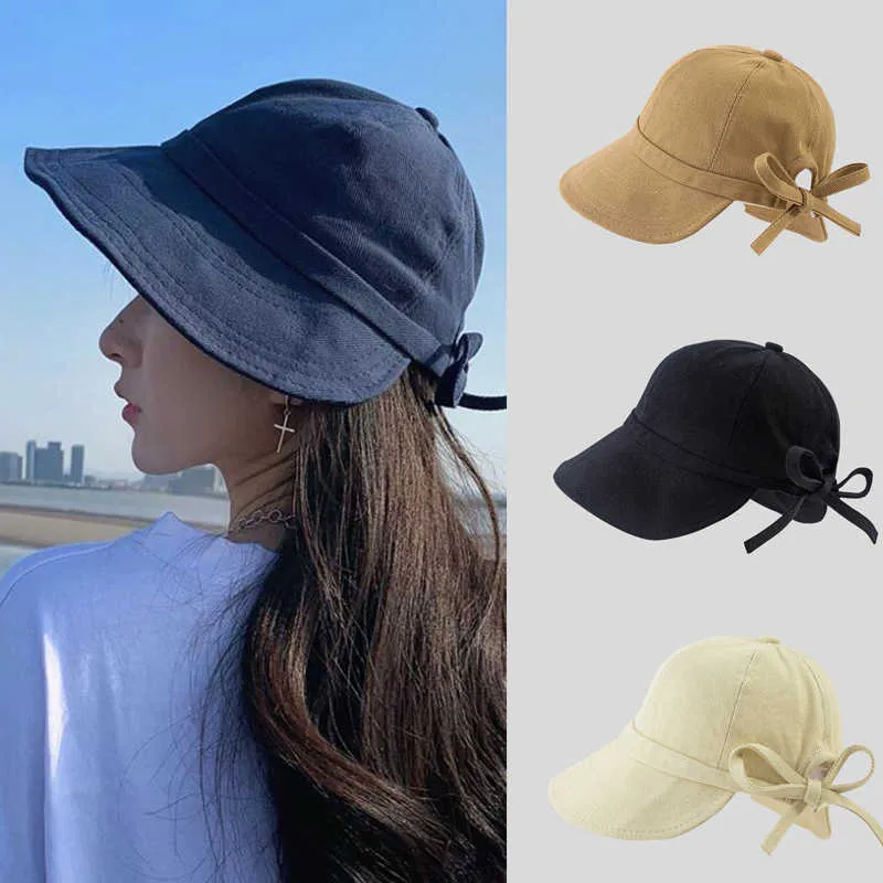 Wide Brim Hats Fashion Wide Brim Tie Bow Women Summer Bonnet Hats Soft Cotton Foldable Outdoor Sun Visor Hat Solid Color Female Bucket Caps G230227