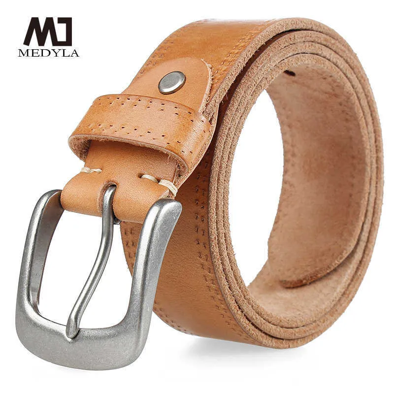 Belts MEDYLA Vintage Cowhide Men's Belt Alloy Pin Buckle Natural Leather Nonlayered Jeans Belt Used For Men Classic Quality Belt 532 Z0228