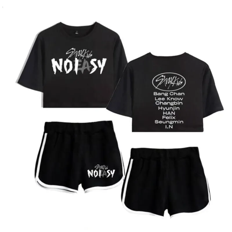 Womens Two Piece Pants Kpop StrayKids STRAY KIDS NO EASY NOEASY Album Short Sleeve Crop Top Shorts Sweat Suits Women Tracksuits Two Piece Outfits 230228