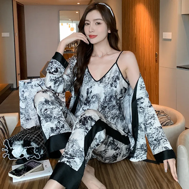 Womens Sleepwear QSROCIO Womens Pajamas 3Piece Set Ink Jungle Print Kimono Robe Sleepwear Faux Silk Homewear V Neck Nightwear Casual Loungewear 230228