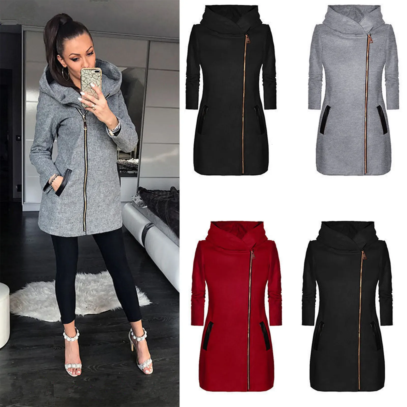 Women's Jackets Womens Winter Jacket Coat Fashion Women Zipper MidLength For Spring Fall Solid Color Long Sleeve Hooded Dropship 230228