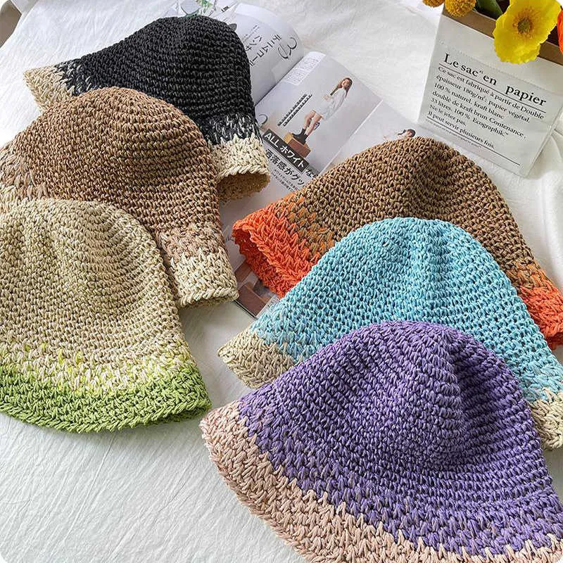 Chapeaux à large bord Été Parasol Chapeau Paille Tissé À La Main Crochet Seau Chapeau De Paille Contraste De Couleur Femme Plage Patchwork Pêcheur Chapeau G230227