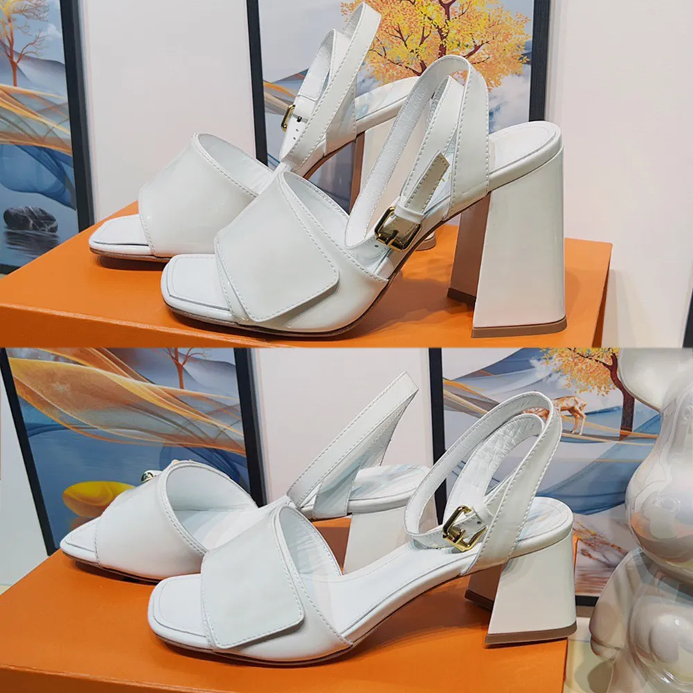 Sha ke Sandals White Patent calf leather sandale high heels 2023 popular upper with tonal signature accessories square sandals party beach sandal heel