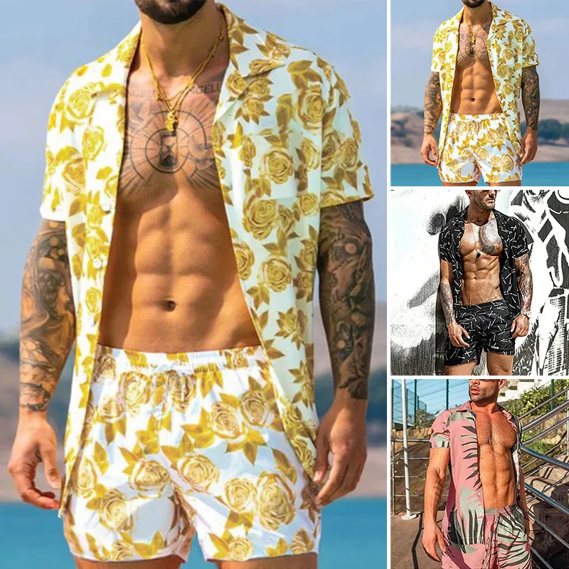 Mens Tracksuits Men Thin Breattable Hawaiian Tropical Beach Outfits Set Yellow Floral Printed Holiday Short Sleeve Two Pieces 230228