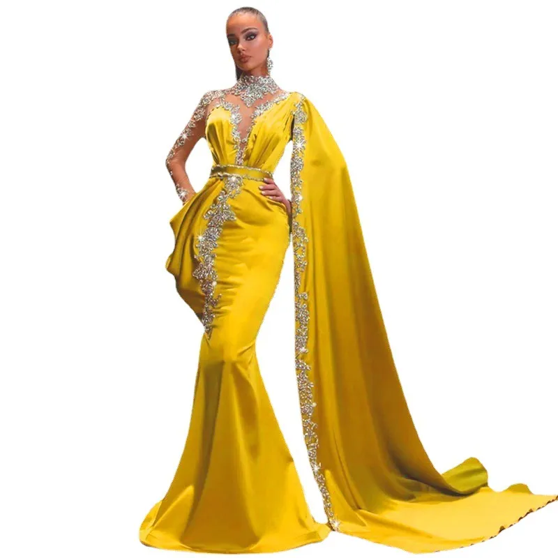 2023 Gold Party Dresses High Neck Beaded Rhinestones Mermaid Prom Gown Cape Long Sleeves Satin Arabic Dubai Party Dresses