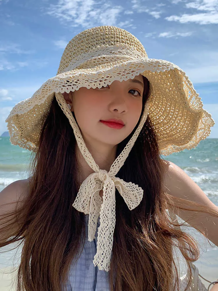 Wide Brim Hats 2022 NEW Women's Summer Bucket Folding Lace Straw Hat Panamas UV Protection Sun Visor Hat Seaside Beach Hat Tide Summer Hats G230227