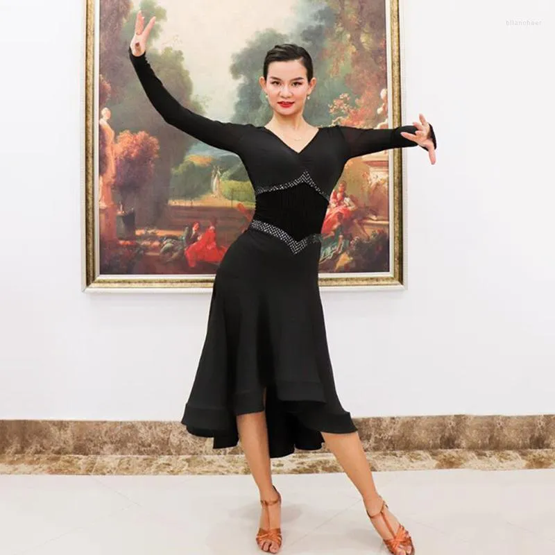 Scenkläder svarta moderna dansdräkter vuxna kvinnliga prestanda balsal klänning lång vals