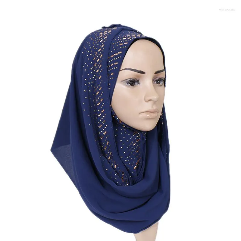 スカーフ2023女性ロングゴールドラインストーンパールシフォンイスラム教徒ヒジャーブターバンアラブショールラップヘッドバンドブファンダスSjaal 180 75cm