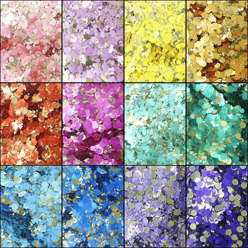 Nagel glitter 50g/väska sjöjungfru flingor ab färger 2 sidor guld botten chunky rund mix hexagon glittrande lös bzy5