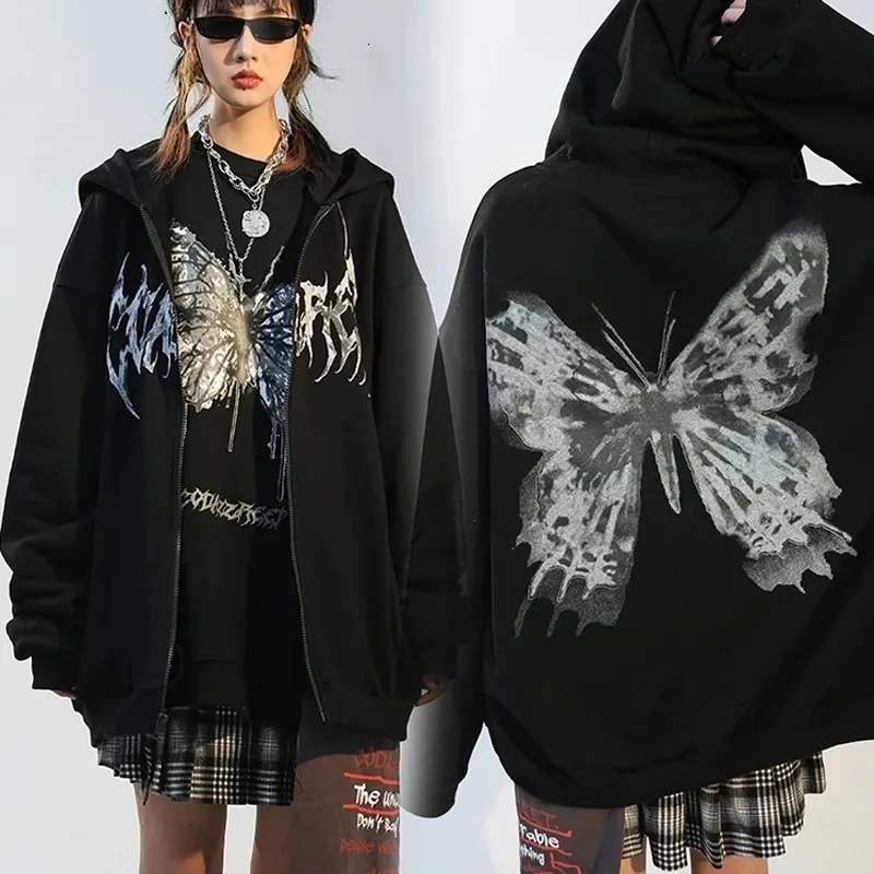 Womens Hoodies Sweatshirts Women Hip Hop Streetwear Autumn Zipper Butterfly Aesthetic Hooded Sweatshirt Y2k Harajuku Female Goth Punk Jacket Coat 230228