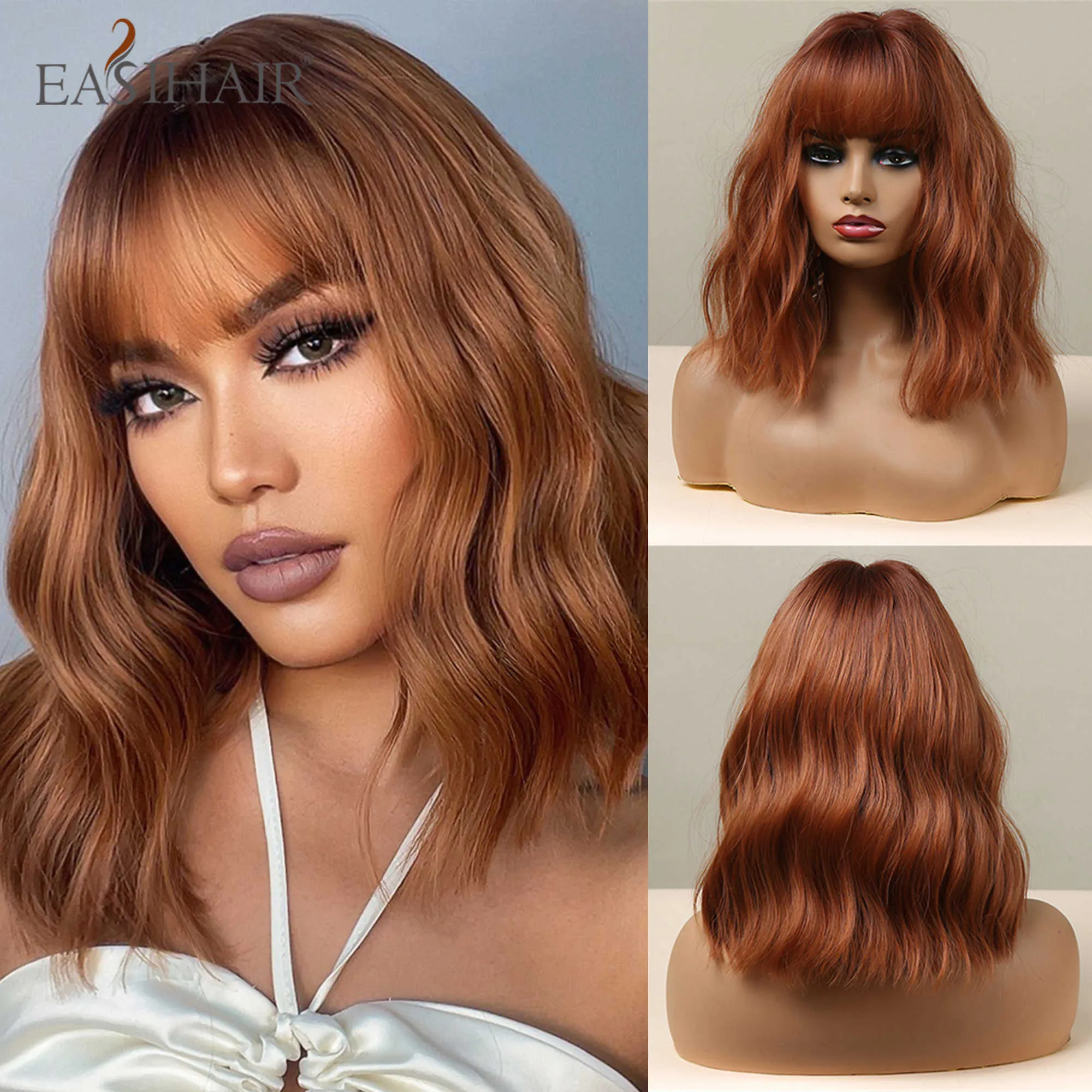 Perucas sintéticas Easihair Red Brown Wigs com franja laranja sintética Bob curto com calor de onda natural sem glue resistência 230227