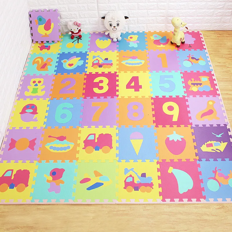 Play Mats QWZ10Pcs/set 30*30cm Number Animal Pattern Baby Play Mat Puzzle Toys For Kids Children EVA Foam Yoga Crawling Mats Floor Tapete 230227