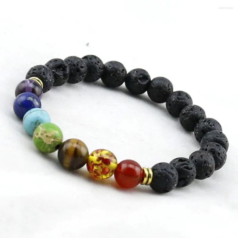 Strand Muti-färg Mensarmband Black Lava 7 Chakra Healing Balance Pärlor Armband för kvinnor Reiki Bön Yoga Stones