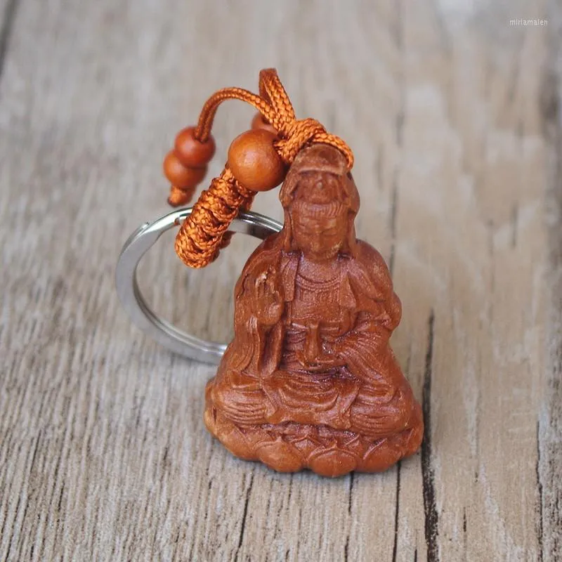 Keychains Jujube Wood Buddha Keychain Bodhisattva Wooden Carving Key Chains Car Rings Buckle Fashion Jewelry