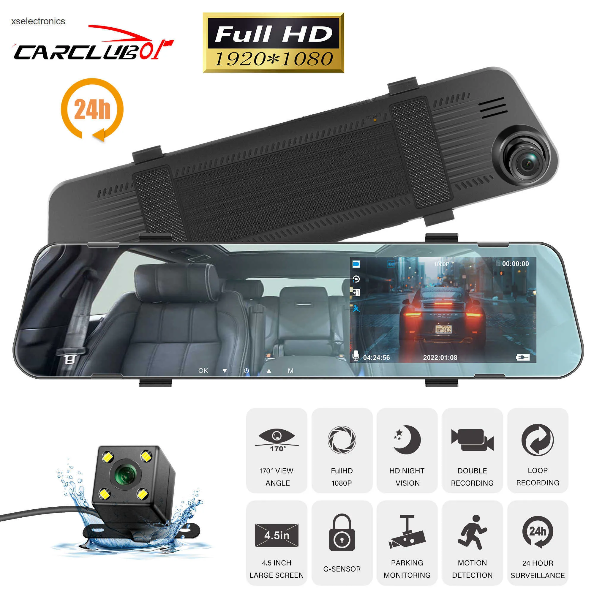 Update 4,5 Zoll 24H Spiegelrekorder Full HD 1080P Spiegel Auto Dash Cam Dual Lens Video Recorder Fahren Black Box Auto DVR Dash Kamera Fahrrad Auto DVR