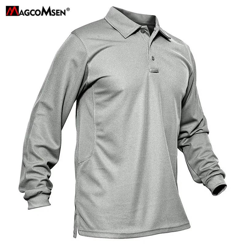 Męskie koszulki Magcomsen męskie koszulę polo Szybkie suche koszule taktyczne długiego rękawu Pique koszulka golfowa Down-Down Obroża Casual Office Ubranie 230228