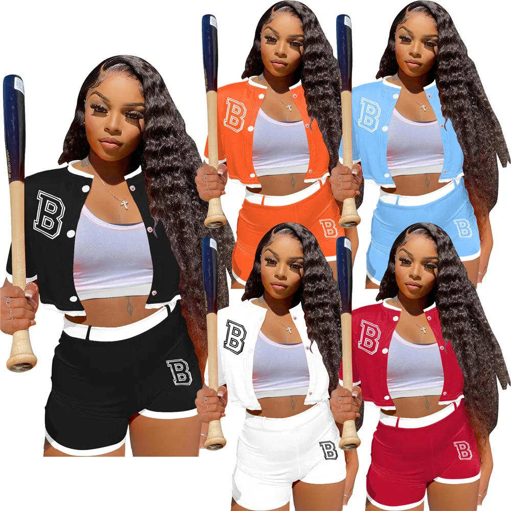 2023 Diseñador Uniforme de béisbol Chándales Trajes de verano para mujer Conjuntos de dos piezas Chaqueta de manga corta con letra B y pantalones cortos Trajes de jogger con estampado informal 9368