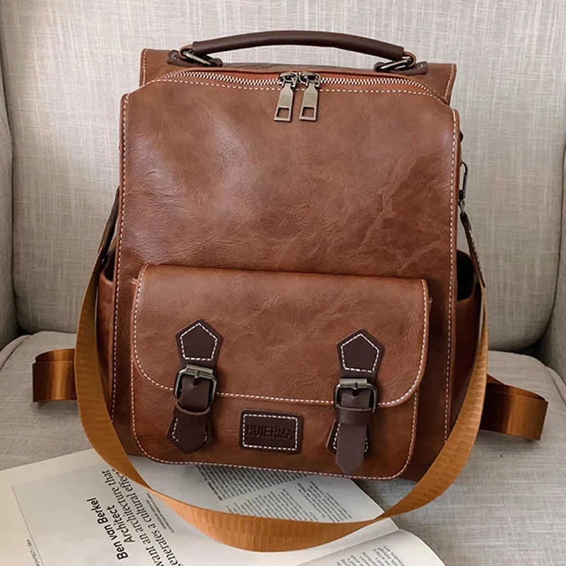 WR 2023 Trendiga kvinnors ryggsäck vintage pu läder dagpack Brown Mochilas Para Mujer Casual Travel Bag Retro Student School 230223