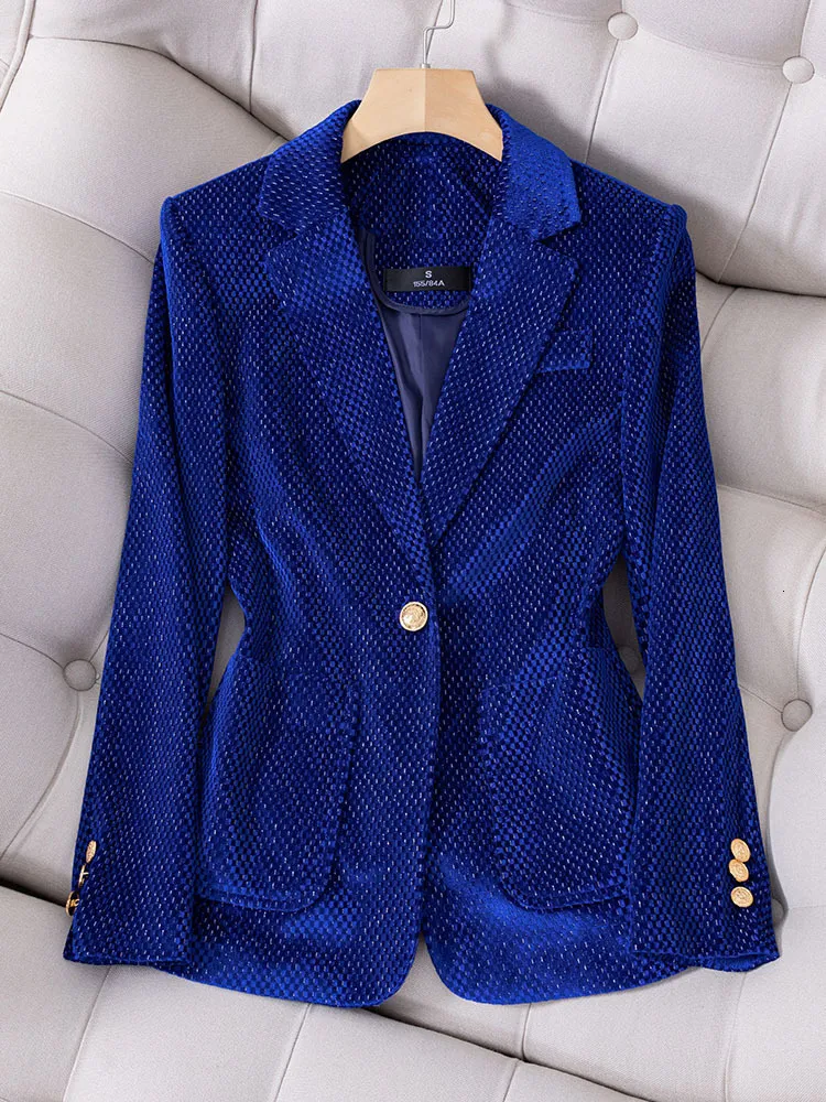 여자 정장 블레이저 패션 패션 녹색 검은 블루 격자 무늬 여자 가을 겨울 숙녀를위한 공식 블레이저 포켓 230228과 함께하는 긴 소매 싱글 버튼 재킷