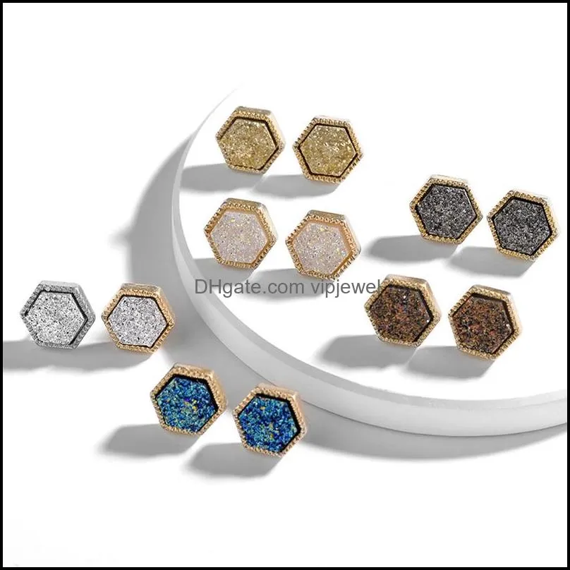 Charme resina liga geométrica Crystal Natural Stone Brincos fêmeas Jóias de joalheria Senhoras de aço inoxidável zirconia cúbica 12pcs Drop de dhpa9