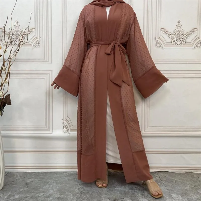 Etniska kläder Dubai Open Abaya Arab Turkiet Islam Muslim Hijab Polka Dot Lace Up Maxi Dress for Women Robe Longue Femme Musulmane Kaftan