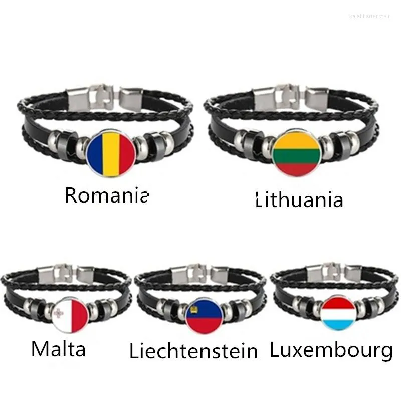 Charmarmband Litauen Liechtenstein Luxemburg Rumänien Malta Flagg Multilayer Leather Armband Fashion Män och kvinnor smycken