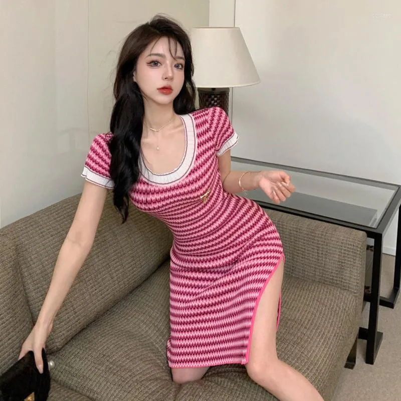 Casual Dresses Short Sleeve Dress Women Simple Rands Side-Slit Sticking Soft Summer Slim Mante Fashion Ins Asymmetric Korean ST183J