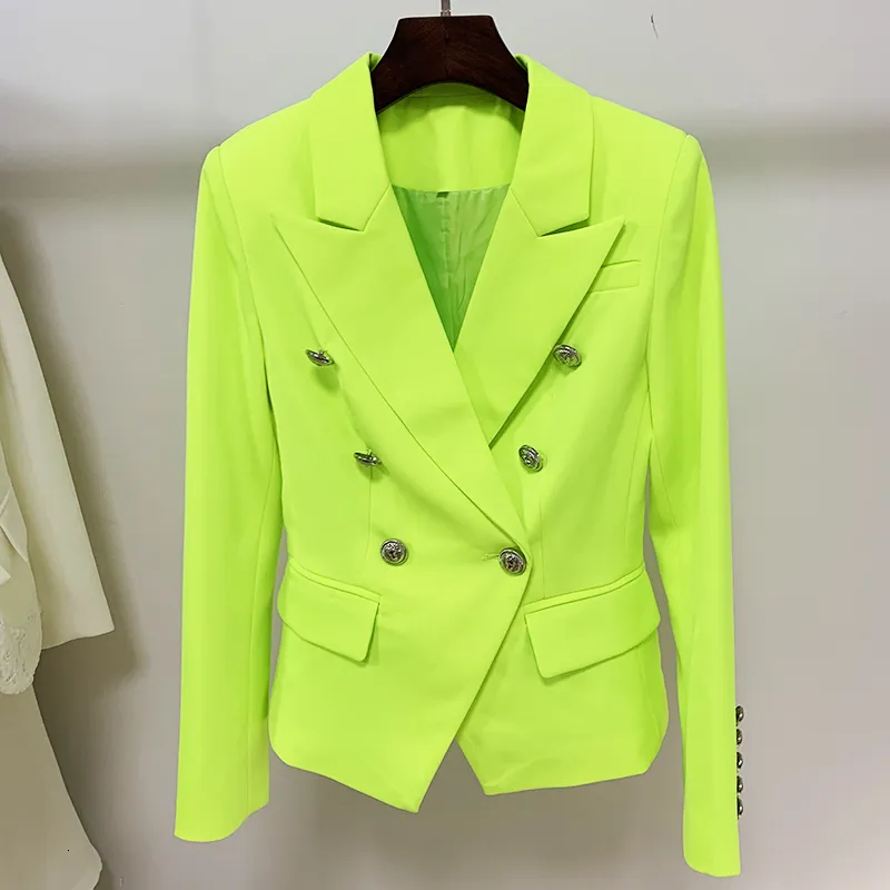 Kadın takımları blazers yüksek kaliteli est tasarımcı ceket kadın klasik ince fit çift göğüslü aslan düğmeleri blazer floresan sarı 230228