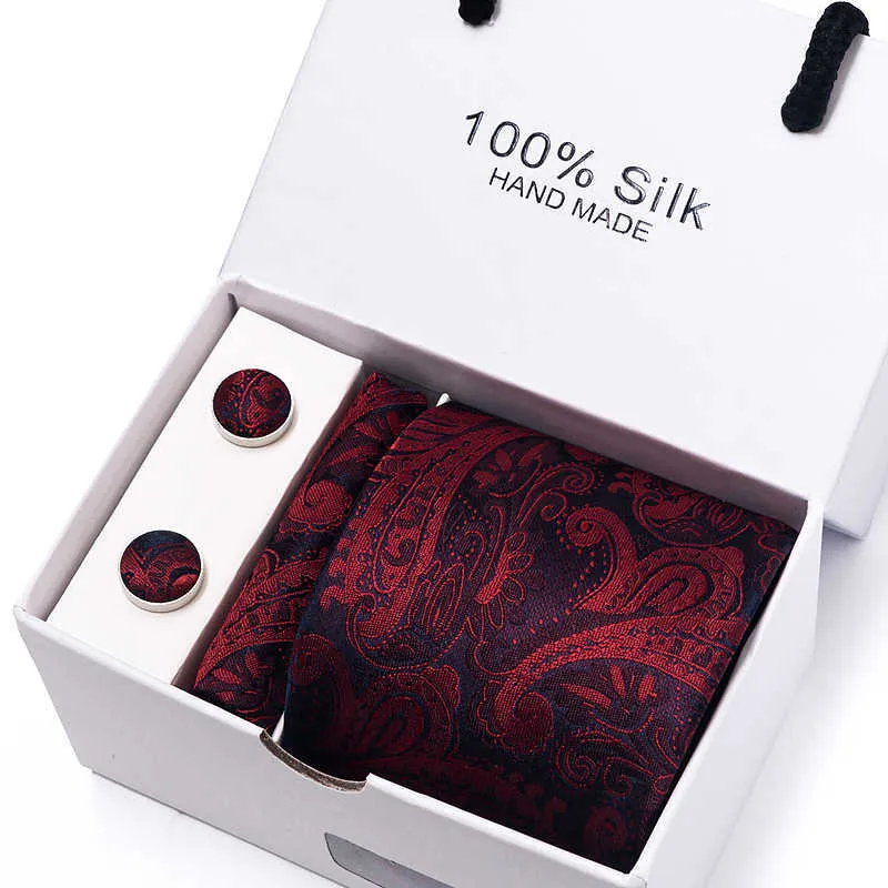 Neckband 100 Silk Tie för män presentförpackning Festlig nuvarande slips Hanky ​​Pocket Squares Cufflink Set Formal Red Wedding Accessories J230227