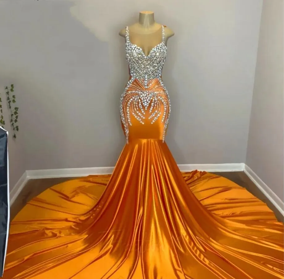 Arancione Sexy Sirena Abiti da ballo 2023 Per Le Ragazze Nere Perline di Lusso Strass Vestito da Partito Abito da Sera Robe De Bal Aso Ebi Cerniera 210d