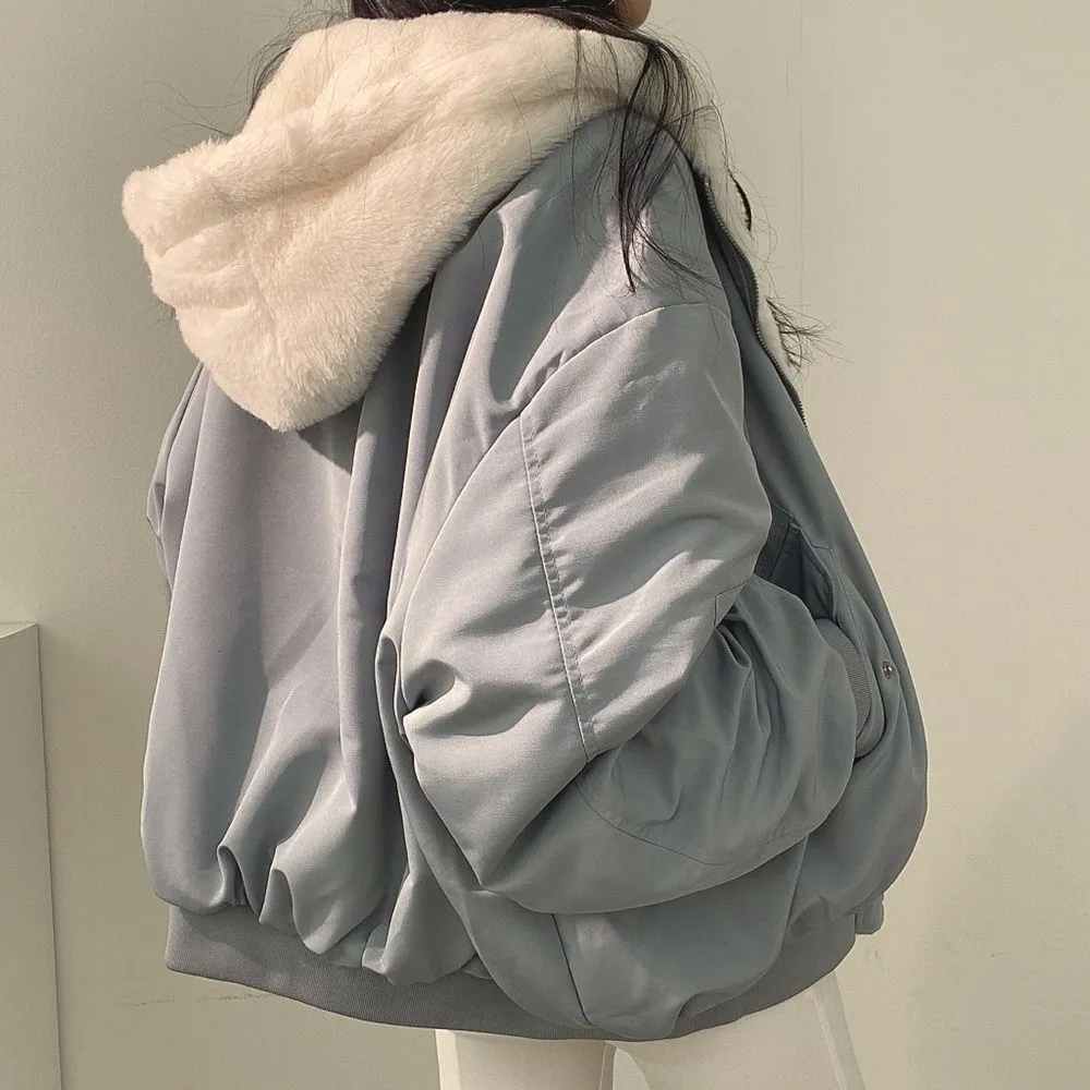 Damesjassen Deeptown Koreaanse mode Velvet Lambswool Omkeerbare jas vrouwen Harajuku Oversized Solid Basic Winter Zip Up Hoodie Beige Coat 230228