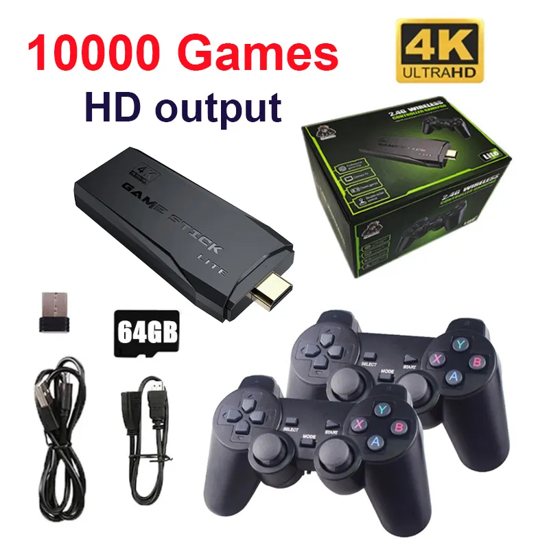 Портативные игровые плееры Game Stick 4K 10000 Jogos Игровая консоль HD Emulador 64G 2.4G Двойной беспроводной контроллер Игровая консоль в стиле ретро для PS1 MAME GBA 230228