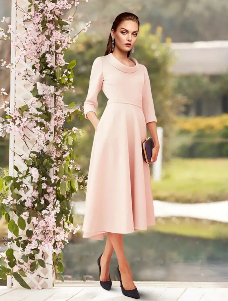 A-Line Mother of the Bride Dress Blush Wedding Guest Party Gowns Elegant Sweet Scoop Tea Length 3/4 Sleeve Satin Robe De Soiree