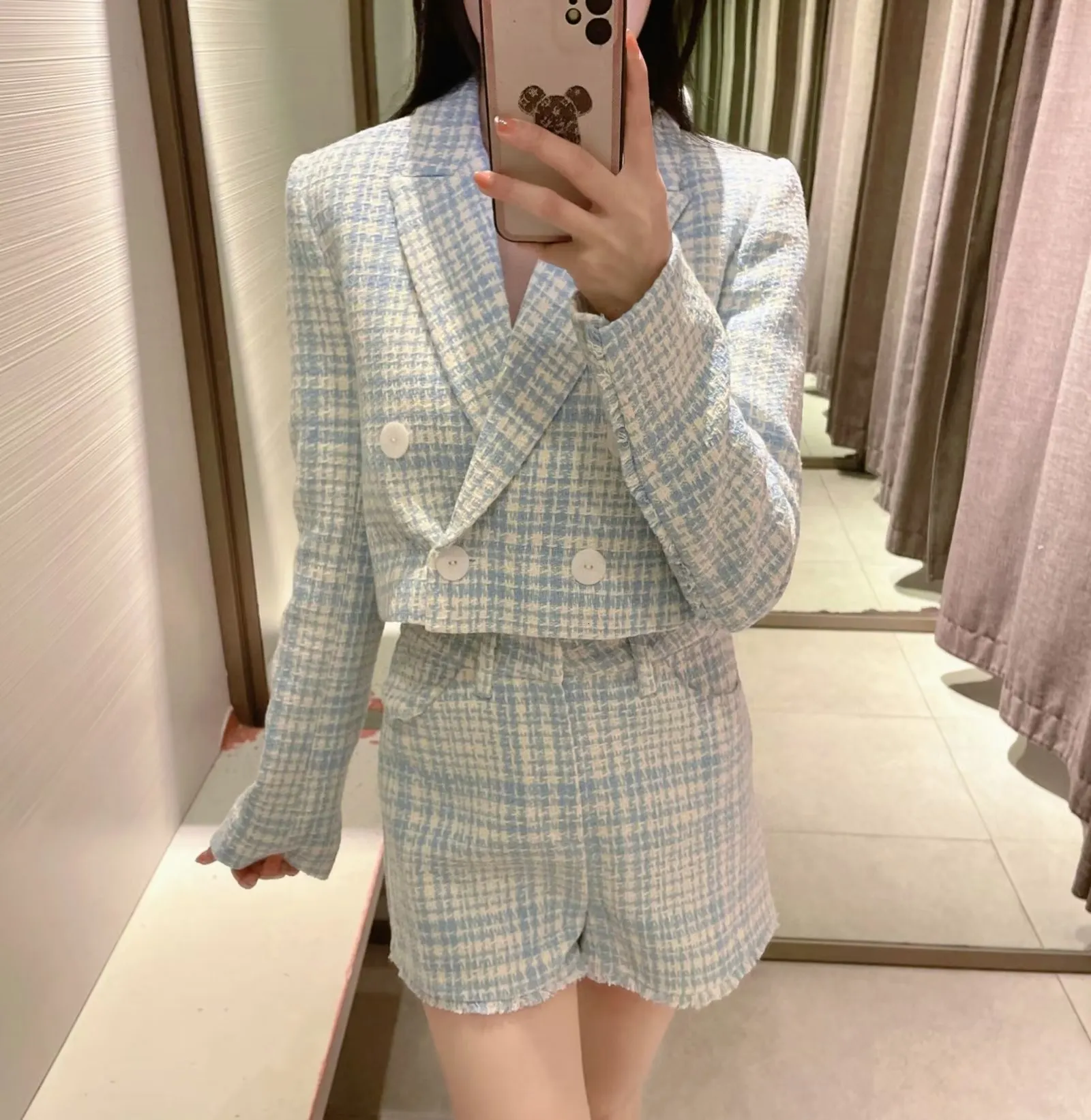 Womens Two Piece Pants Chic Textured Casual Short Sacka Jacket Fashion Double Breasted Long Sleeve Classic Style Female Shorts Mujer 230228