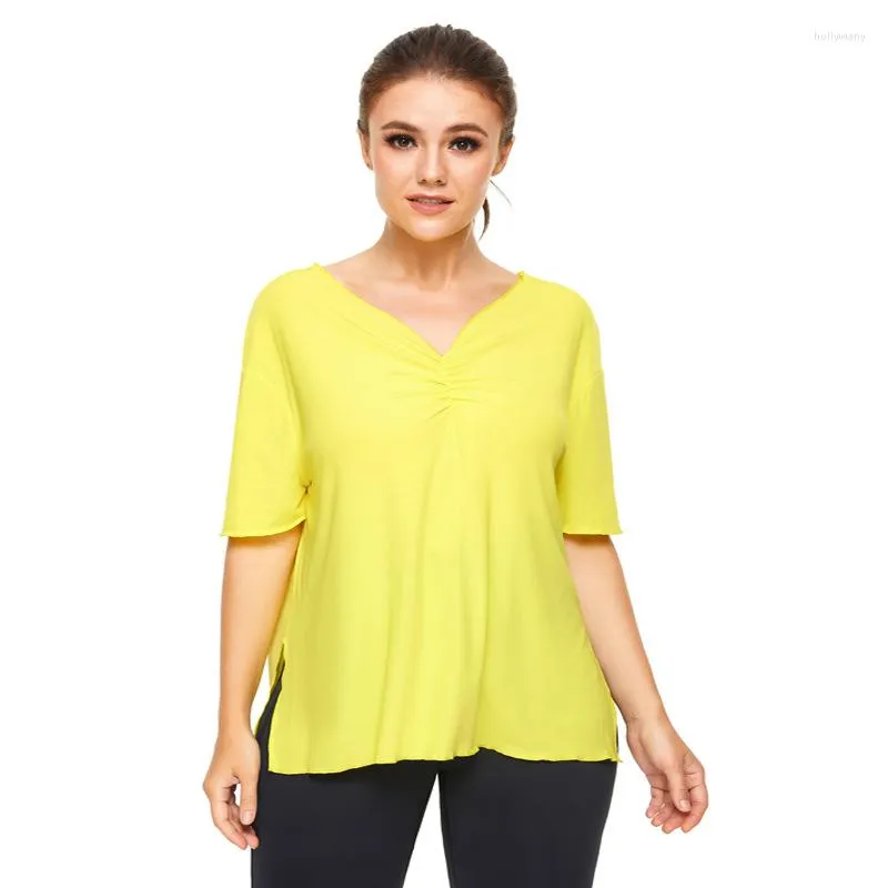 Camicie attive Estate scollo a V Split Yoga Donna 4xl Allenamento sportivo T-shirt sportiva Mezza manica femminile Giallo Fitness Top Large Size