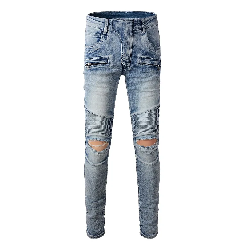 Wielki rozmiar 40 Slim Cut Biker Dżins dżinsy męskie Elastyczne rozryte Washed341V