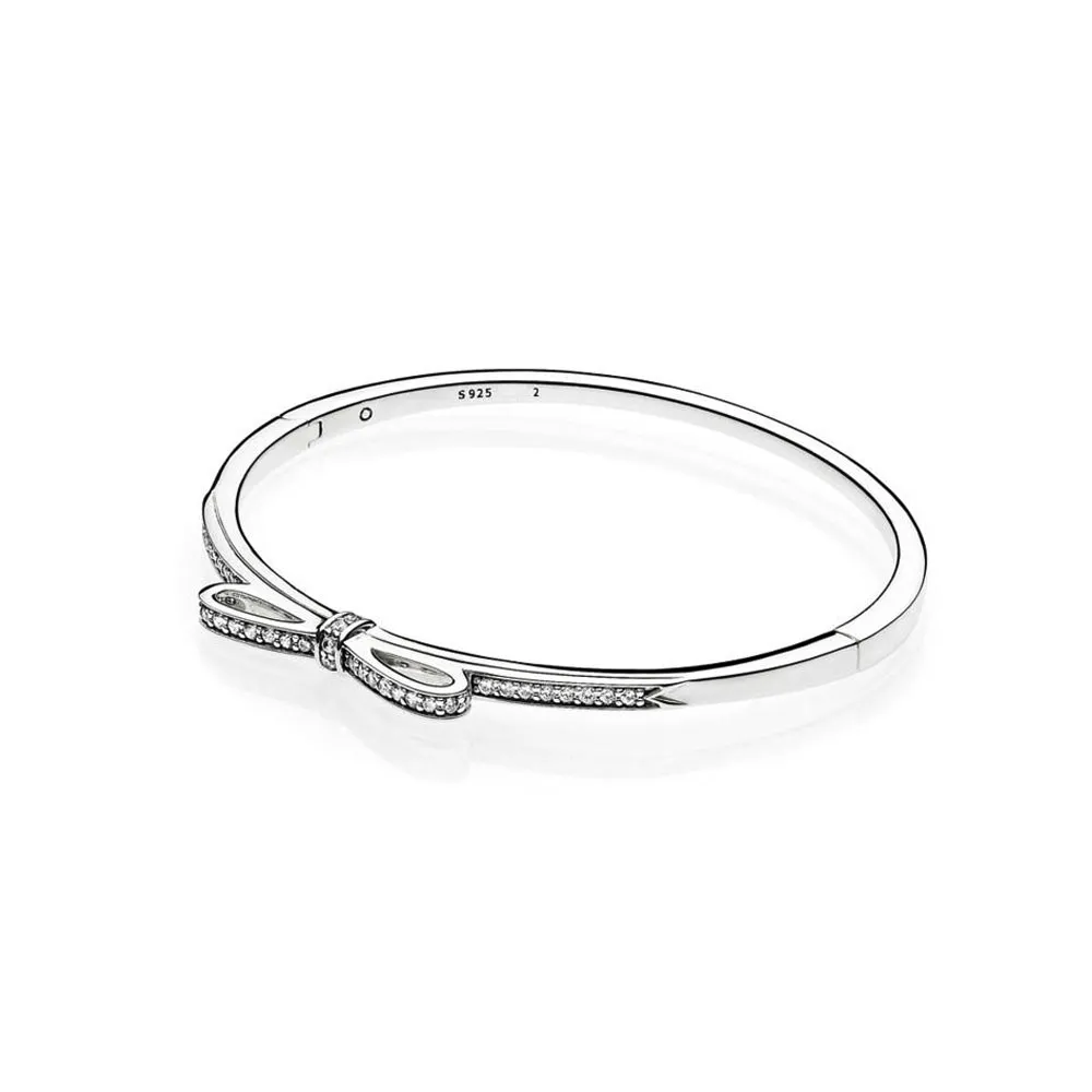 Sparkling Bow Bangle Bracelet Real Sterling Silver pour Pandora CZ Diamond Wedding designer Jewelry For Women Girlfriend Gift bowknot Bracelets with Original Box