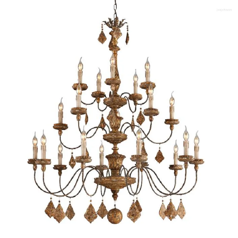 Pendelleuchten American Retro Goldfolie Distressed Massivholz Carving Lampe Villa im Flur EL Schlafzimmer dekorativer Kronleuchter