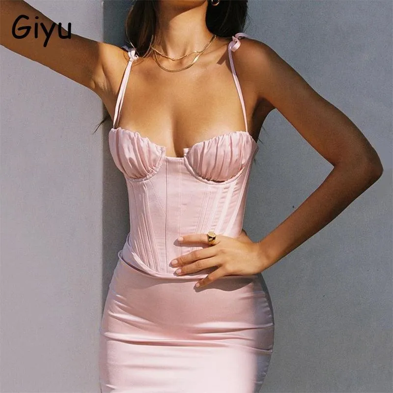 Casual Dresses Giyu Satin Midi Women Summer 2023 Sexy Club Party Bodycon Robe Femme Elegant Backless Lace Up Vestidos Pink Sundress