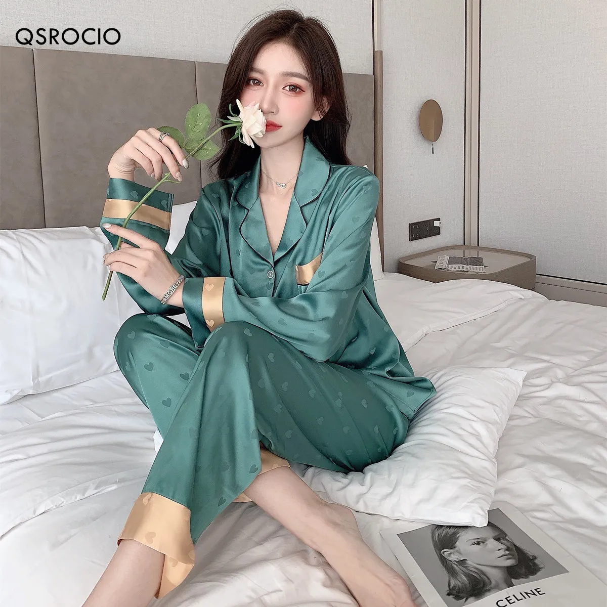 Womens Sleepwear QSROCIO Womens Pajamas Set Fashion Sweet Heart Print Sleepwear Silk Like Nightie Leisure Home Clothes Nightwear Pyjamas Femme 230228