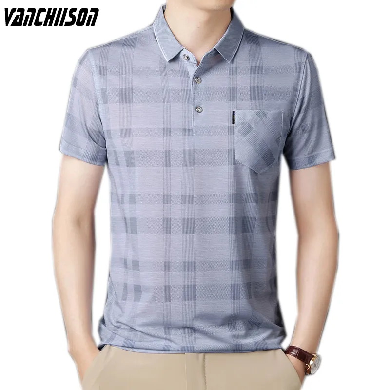 Men's Polos Men camisa polo de manga curta Tops xadrez para verão 95% poliéster Retro Vintage Fashion Casual Male Buttons Up Ter02W45 230228