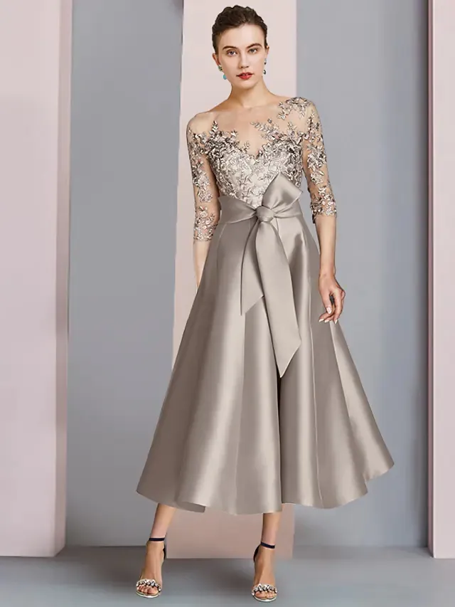 Khakifarbenes A-Linien-Kleid für die Brautmutter 2024, Hochzeitsgast-Partykleider, elegant, U-Ausschnitt, Teelänge, Satin, Spitze, halbe Ärmel mit Schleife, Robe De Soiree