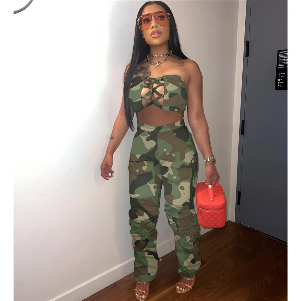 2024 Designer Camo Two Piece Open Hem Tracksuit Bottoms Set For Women Sexy Bandage Strapless Tank Top And Pants Sportswear Casual Sweatsuits Wholesale Clothes 9364 From Julia dress 21.37 DHgate.Com
